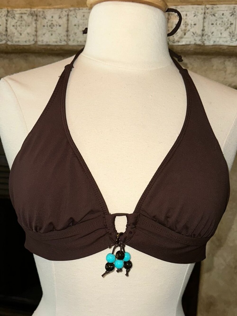Swim bikini top brown with turquoise stone beads